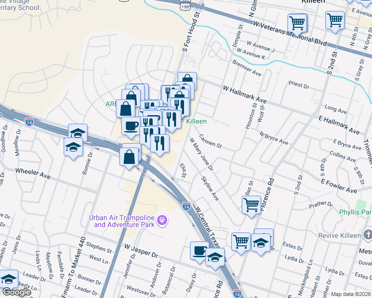 map of restaurants, bars, coffee shops, grocery stores, and more near 811 Skyline Avenue in Killeen