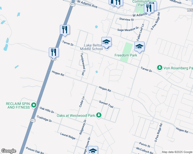 map of restaurants, bars, coffee shops, grocery stores, and more near 1204 Redstone Drive in Temple
