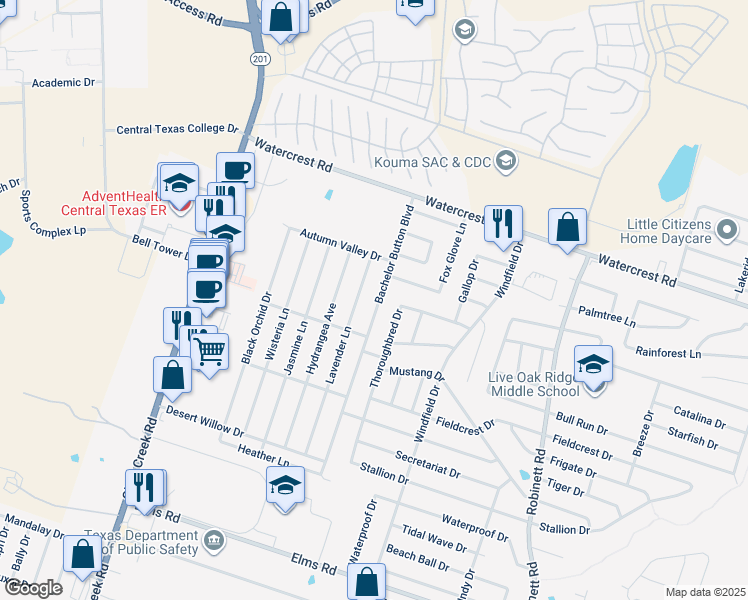 map of restaurants, bars, coffee shops, grocery stores, and more near 2503 Bachelor Button Boulevard in Killeen