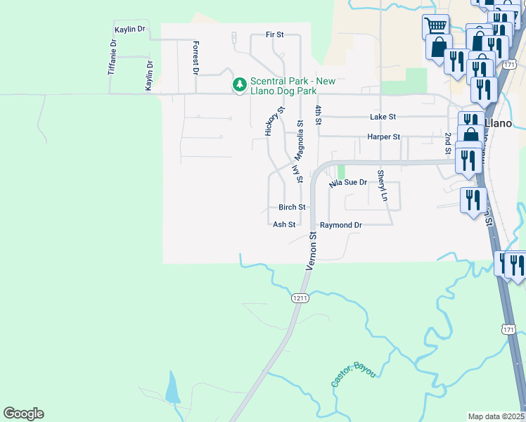 map of restaurants, bars, coffee shops, grocery stores, and more near 105 Magnolia Street in New Llano