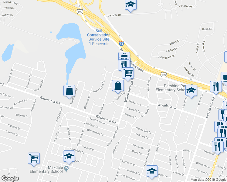 map of restaurants, bars, coffee shops, grocery stores, and more near 1204 Wales Drive in Killeen