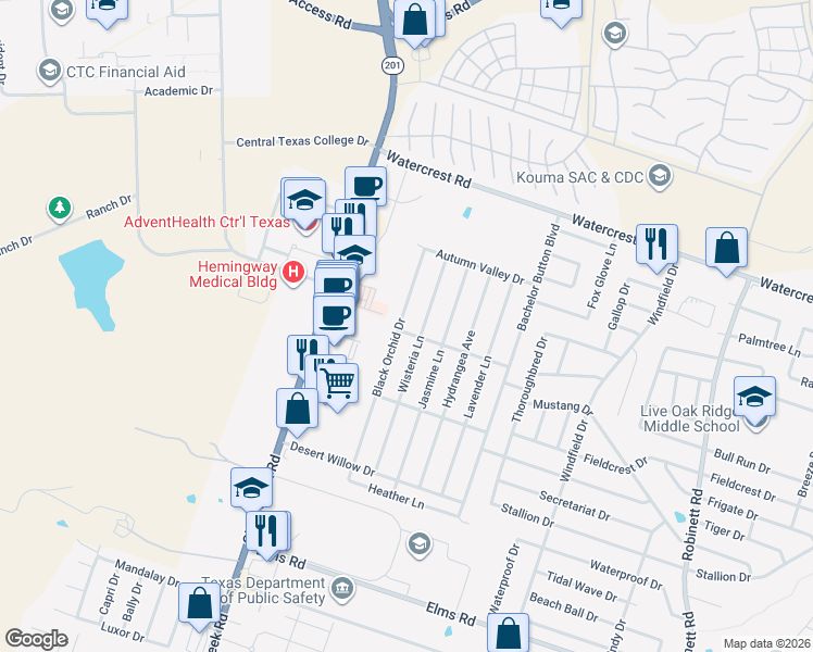 map of restaurants, bars, coffee shops, grocery stores, and more near 2705 Wisteria Lane in Killeen