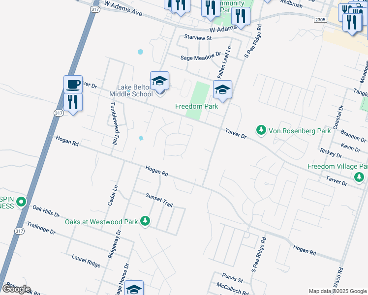 map of restaurants, bars, coffee shops, grocery stores, and more near 1024 Westway Drive in Temple
