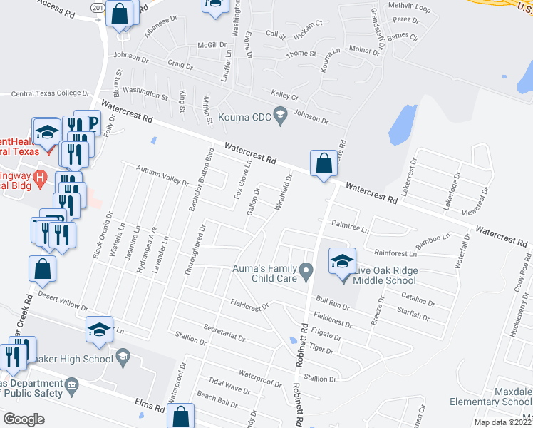 map of restaurants, bars, coffee shops, grocery stores, and more near 4403 Waterside Drive in Killeen