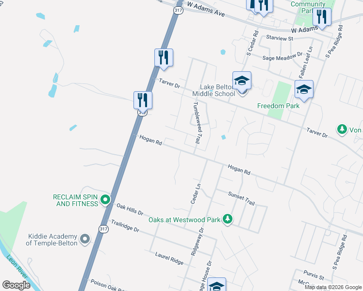 map of restaurants, bars, coffee shops, grocery stores, and more near 9010 Hogan Road in Temple