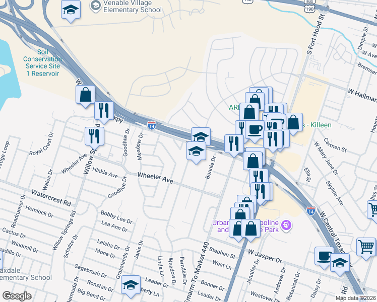map of restaurants, bars, coffee shops, grocery stores, and more near 1111 Alta Vista Drive in Killeen