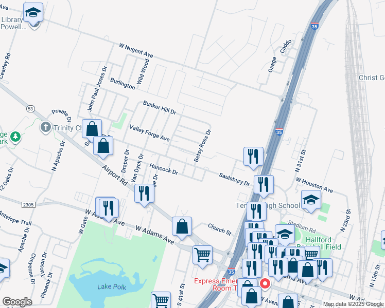 map of restaurants, bars, coffee shops, grocery stores, and more near 2306 Saulsbury Drive in Temple
