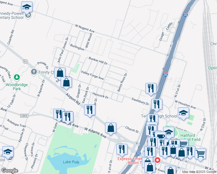 map of restaurants, bars, coffee shops, grocery stores, and more near 617 Salado Street in Temple