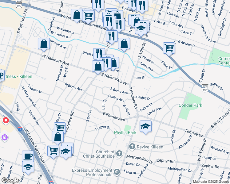 map of restaurants, bars, coffee shops, grocery stores, and more near 205 Collins Avenue in Killeen
