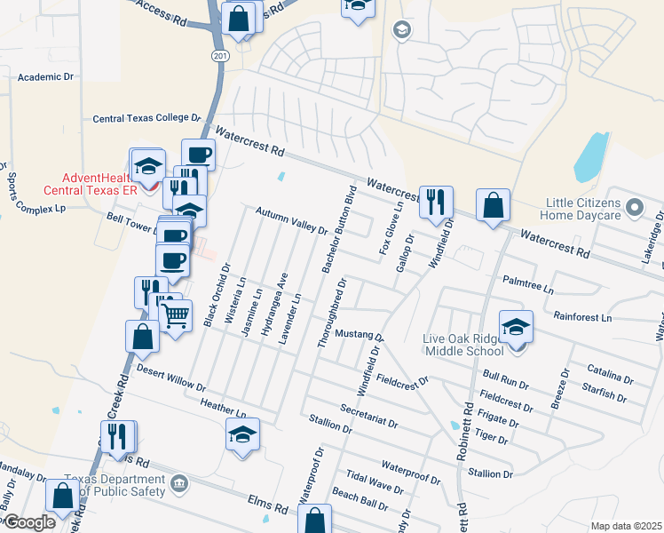 map of restaurants, bars, coffee shops, grocery stores, and more near 2504 Bachelor Button Boulevard in Killeen