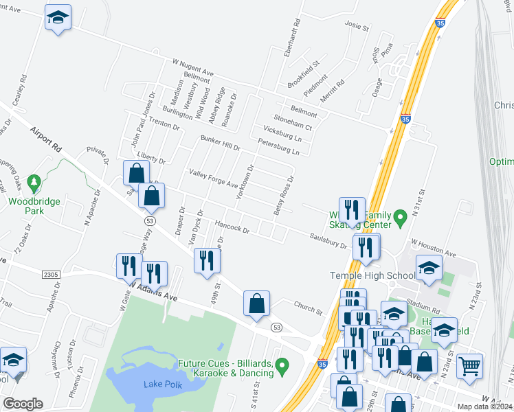 map of restaurants, bars, coffee shops, grocery stores, and more near 2405 Valley Forge Avenue in Temple