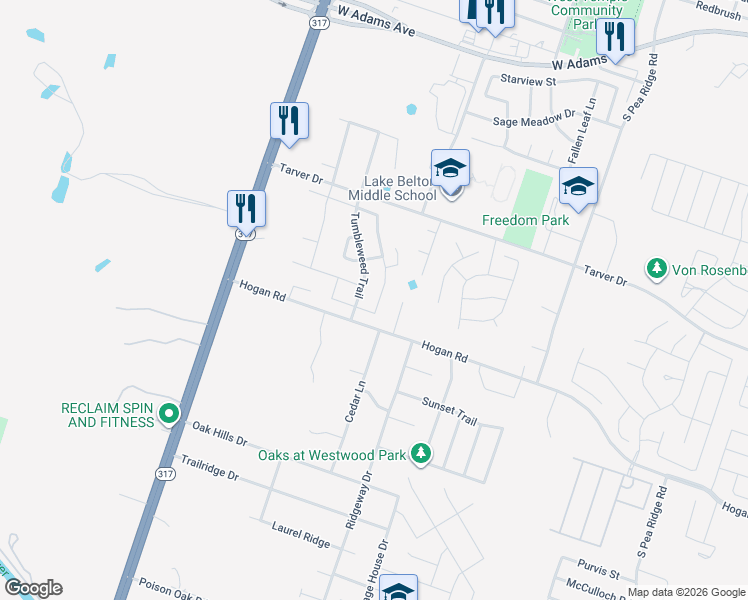 map of restaurants, bars, coffee shops, grocery stores, and more near 1229 Lonesome Oak Drive in Temple