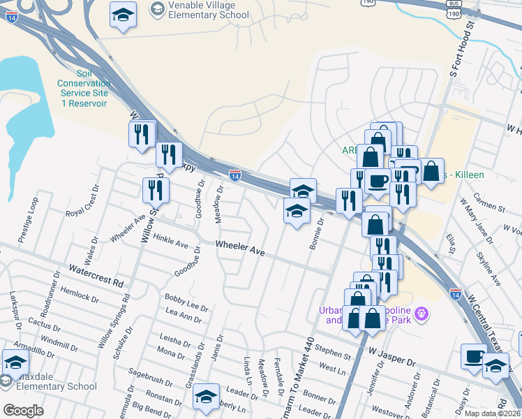 map of restaurants, bars, coffee shops, grocery stores, and more near 1706 Chippendale Drive in Killeen