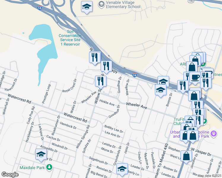map of restaurants, bars, coffee shops, grocery stores, and more near 1100 Willow Springs Road in Killeen
