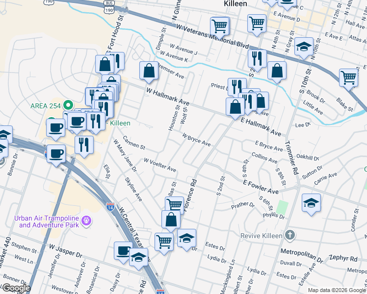 map of restaurants, bars, coffee shops, grocery stores, and more near 912 Southside Drive in Killeen