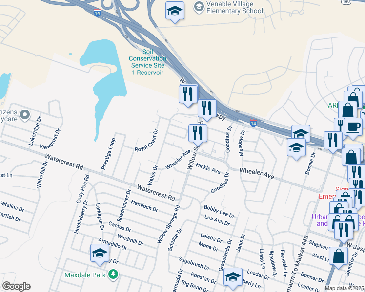 map of restaurants, bars, coffee shops, grocery stores, and more near 2207 Wheeler Avenue in Killeen