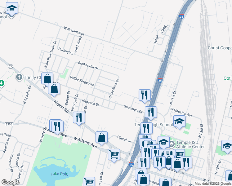 map of restaurants, bars, coffee shops, grocery stores, and more near 2205 Valley Forge Avenue in Temple