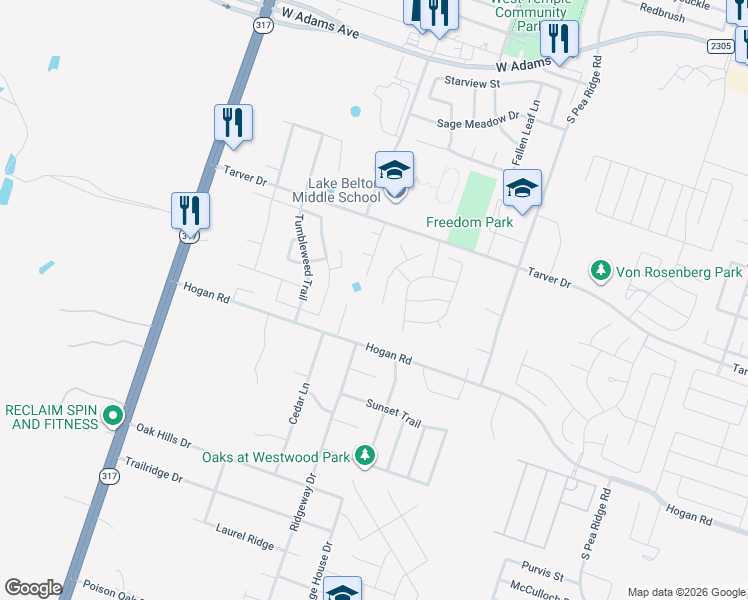 map of restaurants, bars, coffee shops, grocery stores, and more near 1213 Westend Drive in Temple