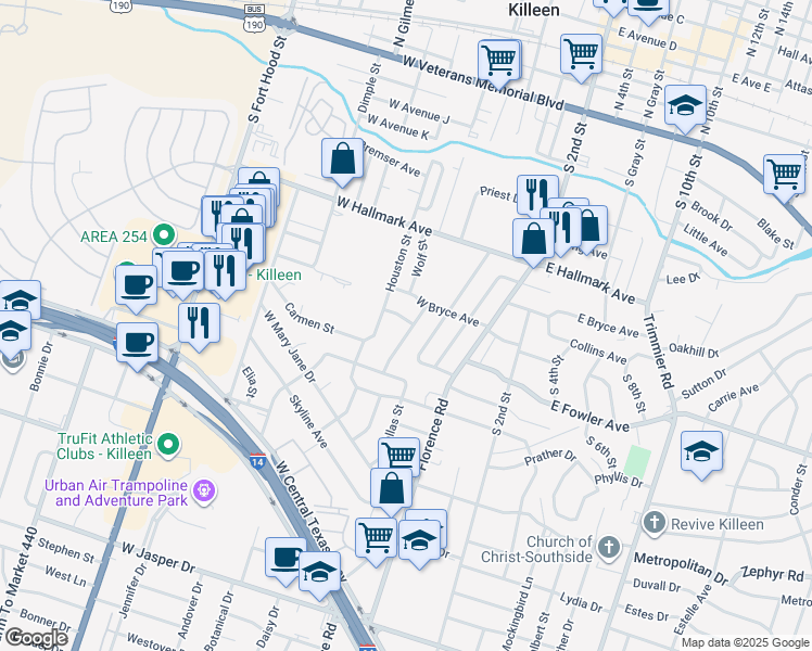 map of restaurants, bars, coffee shops, grocery stores, and more near 1009 San Antonio Street in Killeen