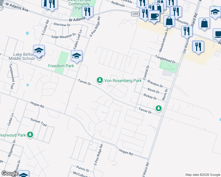map of restaurants, bars, coffee shops, grocery stores, and more near 7716 Tarver Drive in Temple