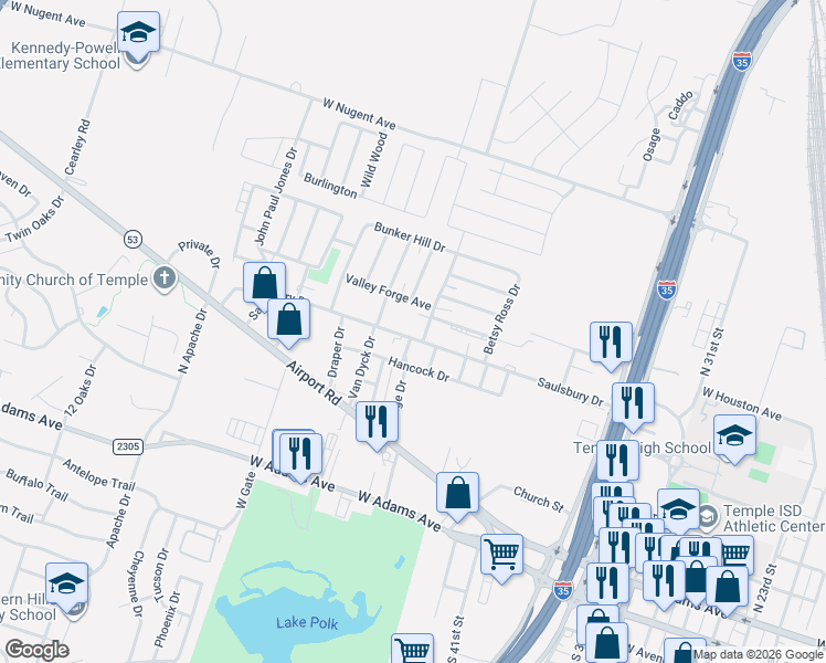 map of restaurants, bars, coffee shops, grocery stores, and more near 2604 Hancock Drive in Temple