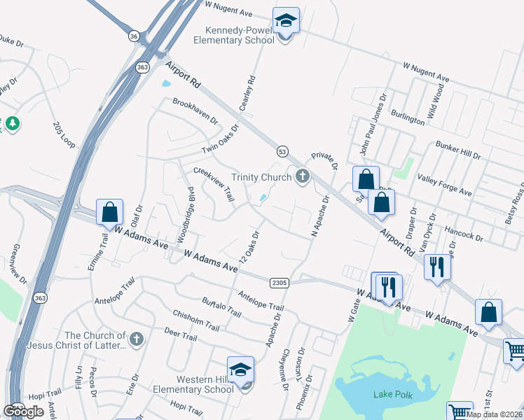 map of restaurants, bars, coffee shops, grocery stores, and more near 3606 Oakwood Court in Temple