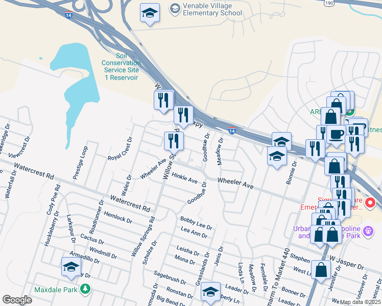 map of restaurants, bars, coffee shops, grocery stores, and more near 1100 Willow Springs Road in Killeen