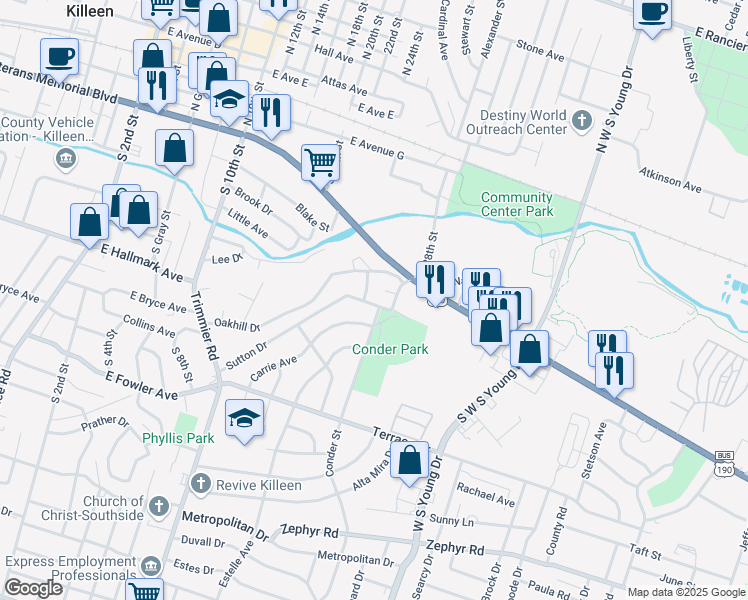 map of restaurants, bars, coffee shops, grocery stores, and more near 603 Sutton Drive in Killeen