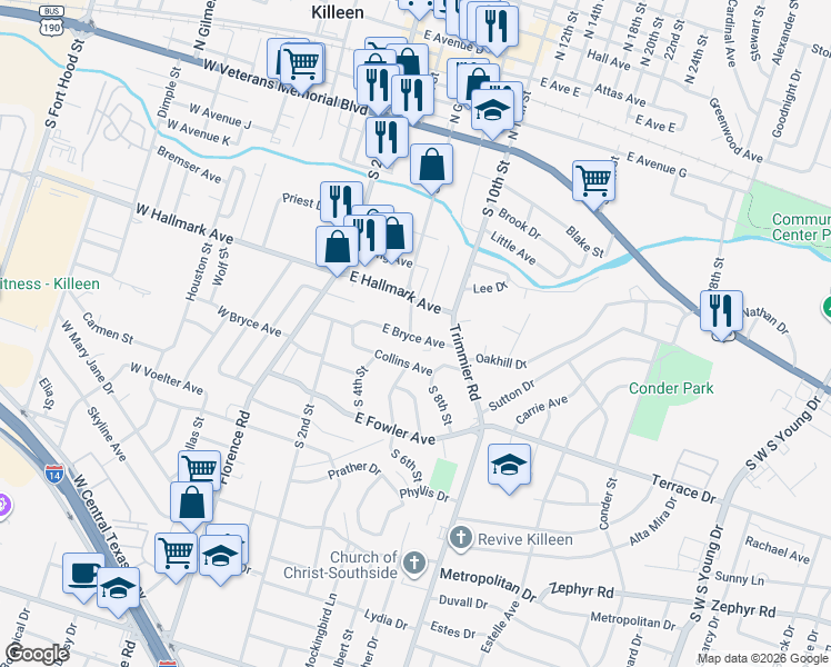 map of restaurants, bars, coffee shops, grocery stores, and more near 307 East Bryce Avenue in Killeen