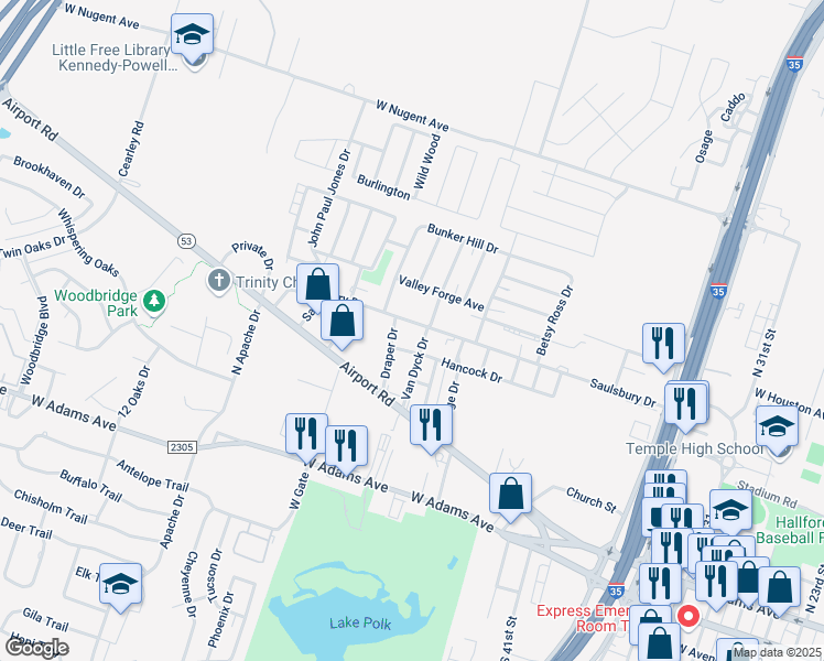 map of restaurants, bars, coffee shops, grocery stores, and more near 602 Van Dyck Drive in Temple