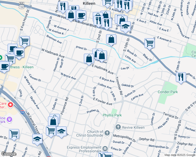 map of restaurants, bars, coffee shops, grocery stores, and more near 205 Collins Avenue in Killeen