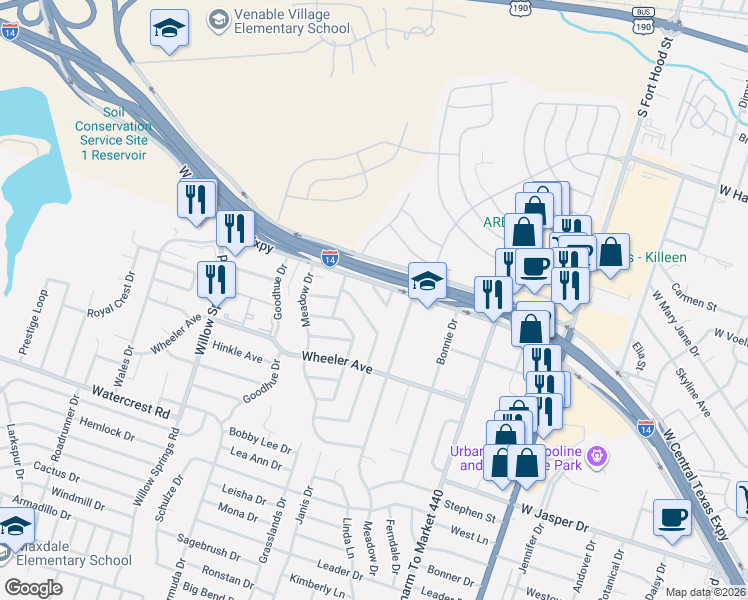 map of restaurants, bars, coffee shops, grocery stores, and more near 1706 Chippendale Drive in Killeen