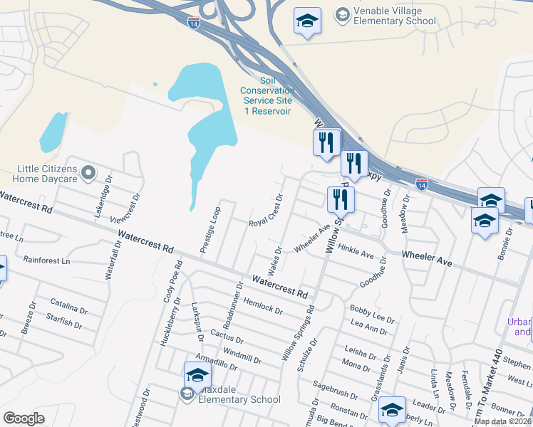 map of restaurants, bars, coffee shops, grocery stores, and more near 1224 Royal Crest Drive in Killeen