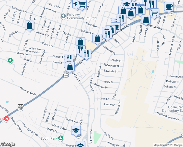 map of restaurants, bars, coffee shops, grocery stores, and more near 1302 Phyllis Drive in Copperas Cove