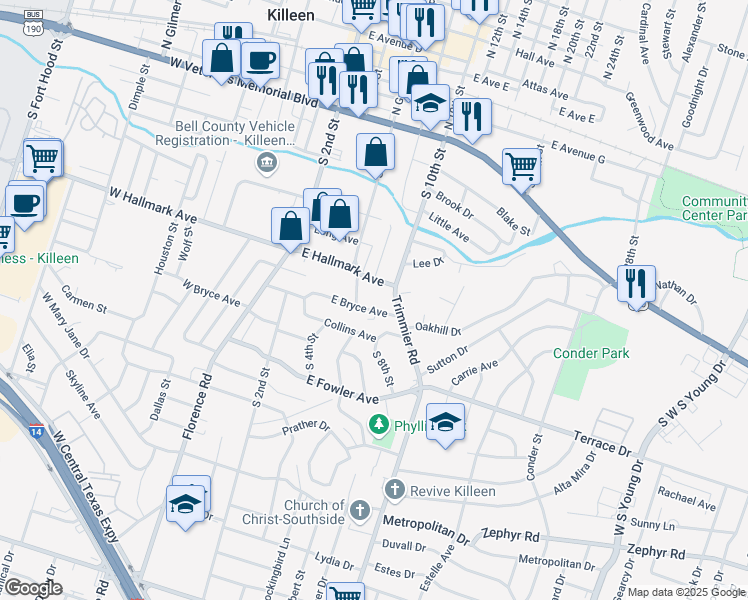 map of restaurants, bars, coffee shops, grocery stores, and more near 310 East Hallmark Avenue in Killeen
