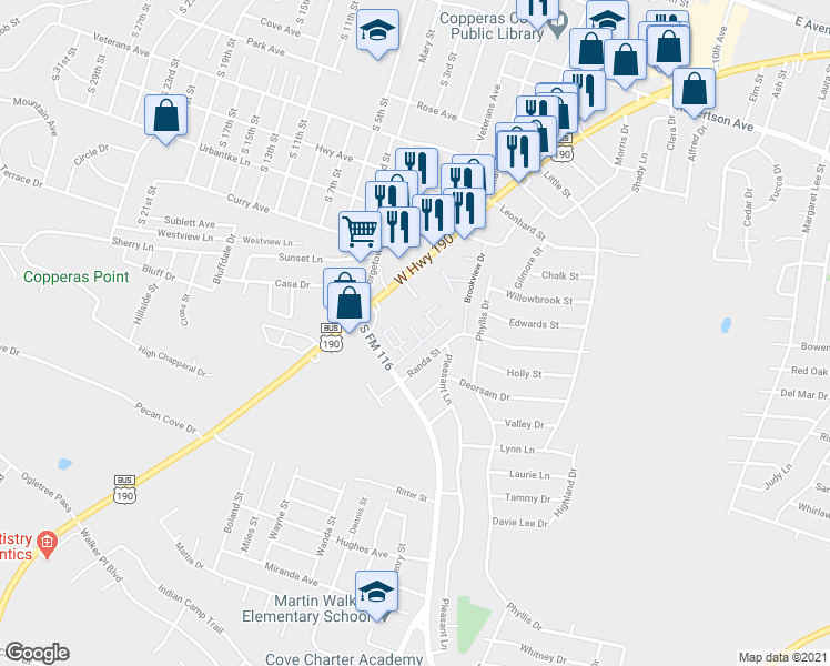 map of restaurants, bars, coffee shops, grocery stores, and more near 181 West Highway 190 in Copperas Cove