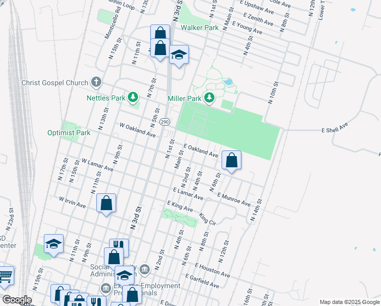 map of restaurants, bars, coffee shops, grocery stores, and more near 1506 North 2nd Street in Temple