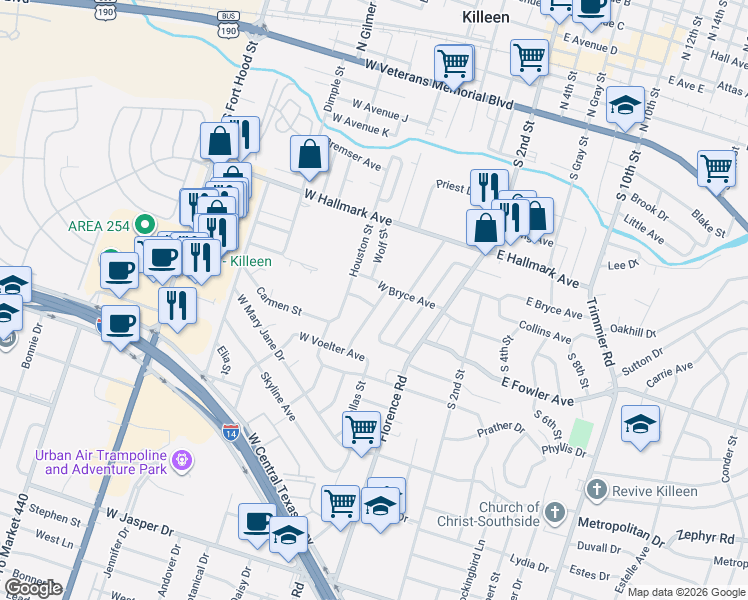 map of restaurants, bars, coffee shops, grocery stores, and more near 408 West Bryce Avenue in Killeen