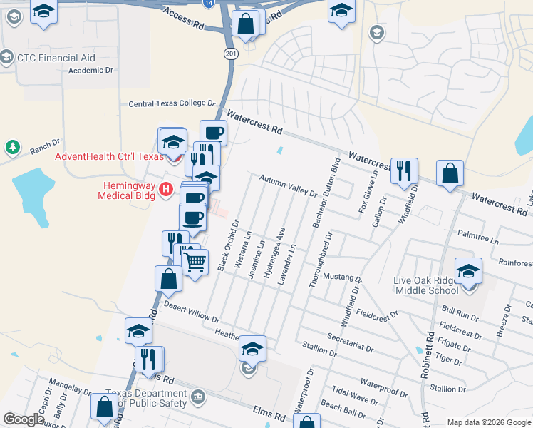 map of restaurants, bars, coffee shops, grocery stores, and more near 2505 Jasmine Lane in Killeen