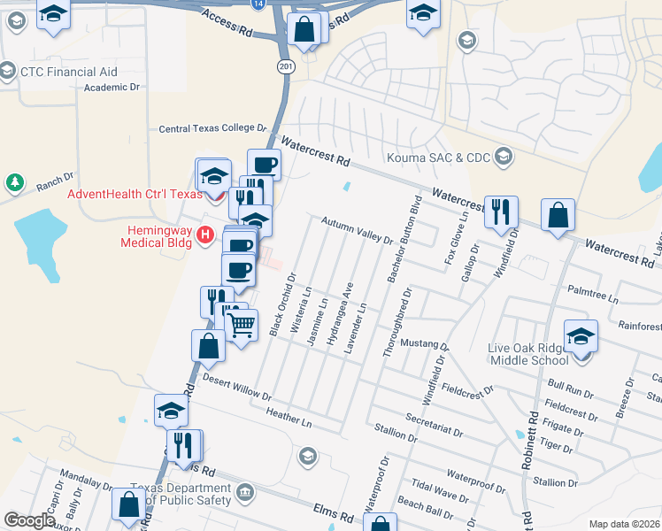 map of restaurants, bars, coffee shops, grocery stores, and more near 2505 Jasmine Lane in Killeen