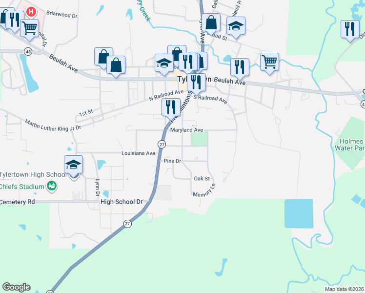 map of restaurants, bars, coffee shops, grocery stores, and more near 501 Enochs Drive in Tylertown