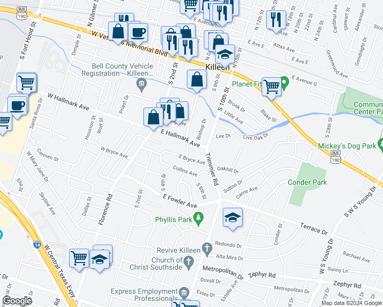 map of restaurants, bars, coffee shops, grocery stores, and more near 310 East Hallmark Avenue in Killeen