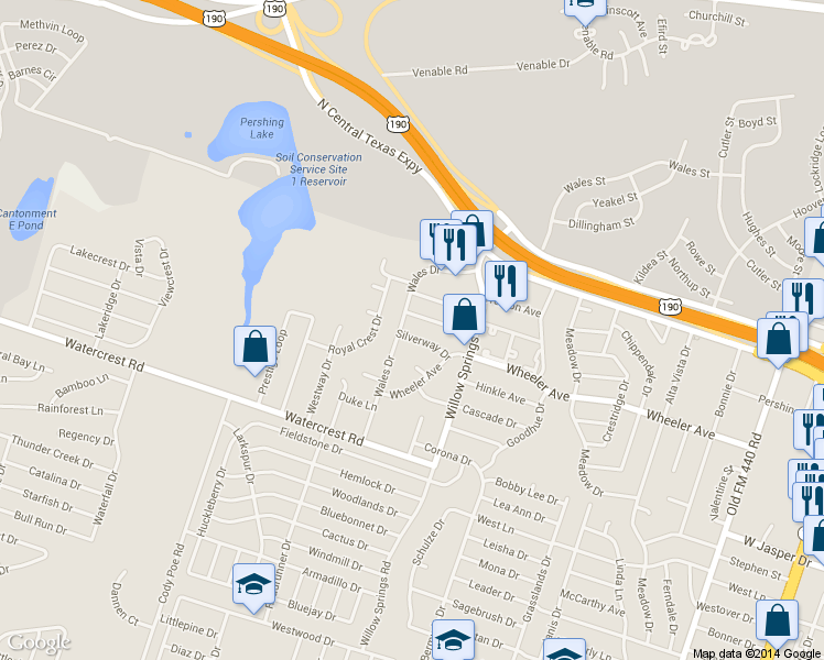 map of restaurants, bars, coffee shops, grocery stores, and more near 1121 Wales Drive in Killeen