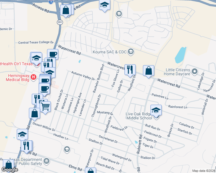 map of restaurants, bars, coffee shops, grocery stores, and more near 3809 Fox Glove Lane in Killeen