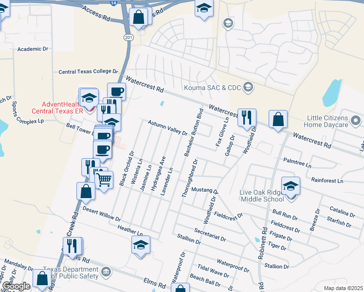 map of restaurants, bars, coffee shops, grocery stores, and more near 2408 Lavender Lane in Killeen