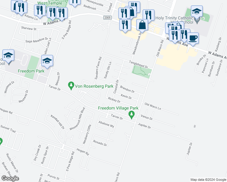 map of restaurants, bars, coffee shops, grocery stores, and more near 708 Coastal Drive in Temple