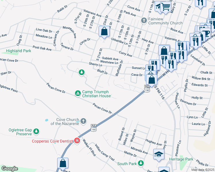 map of restaurants, bars, coffee shops, grocery stores, and more near 1507 Cross Street in Copperas Cove