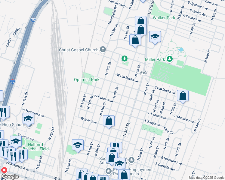 map of restaurants, bars, coffee shops, grocery stores, and more near 1317 North 9th Street in Temple