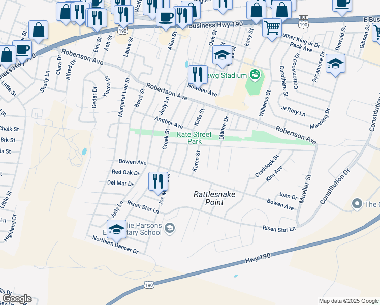 map of restaurants, bars, coffee shops, grocery stores, and more near 705 Kate Street in Copperas Cove