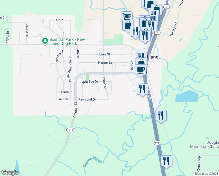 map of restaurants, bars, coffee shops, grocery stores, and more near 100 Sheryl Lane in New Llano